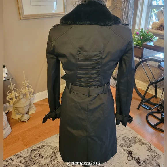 Bebe Cotton Blend Double Lined Removable Lining Faux Fur Trench Coat #510